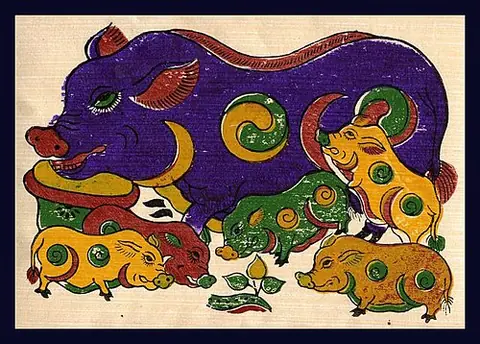 Tranh Đông Hồ: lợn mẹ và đàn lợn con, trên mình có hoa văn xoáy âm dương